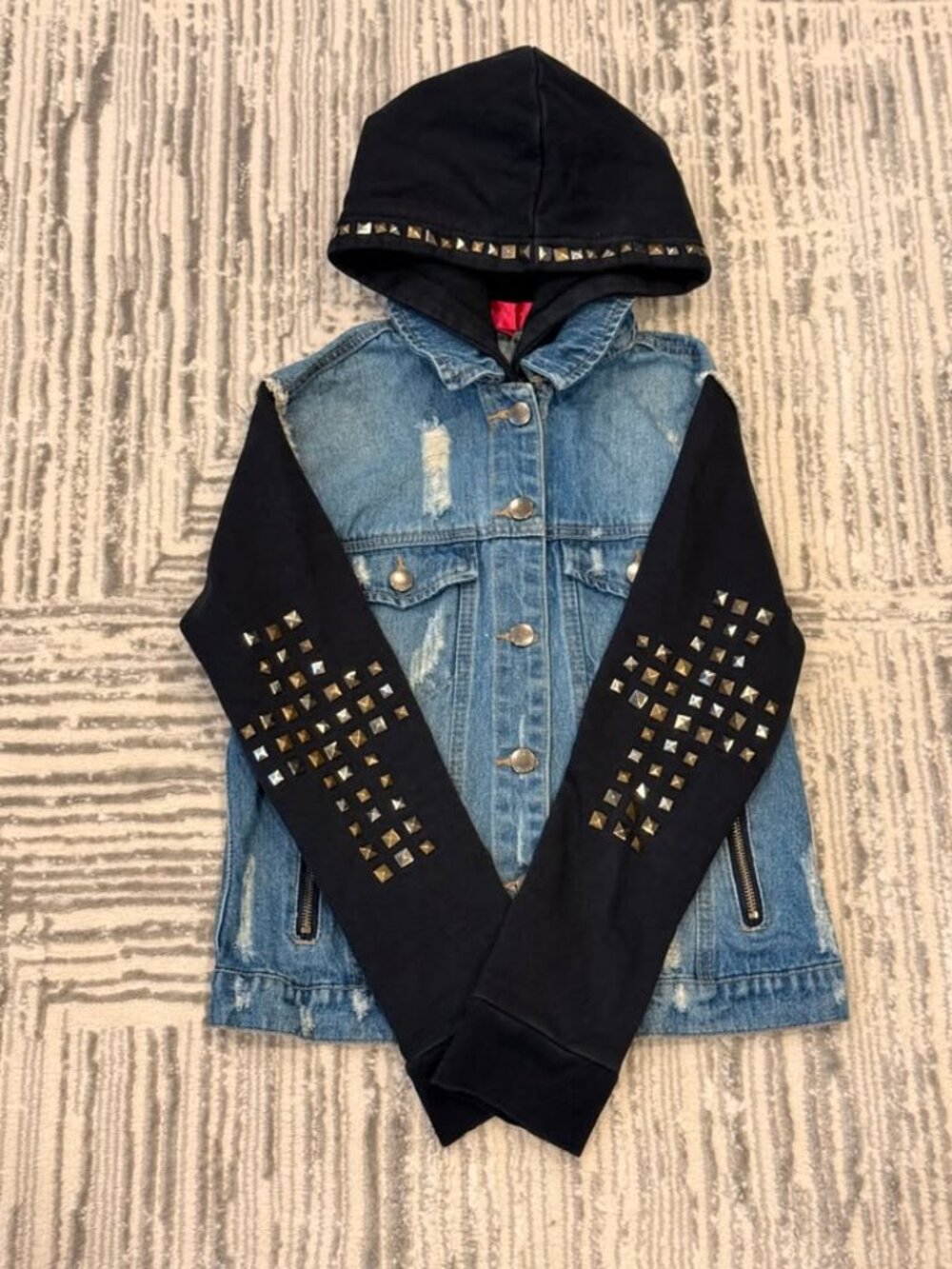 Tinseltown girl's youth medium denim/black hooded Boutique jacket MSRP $79